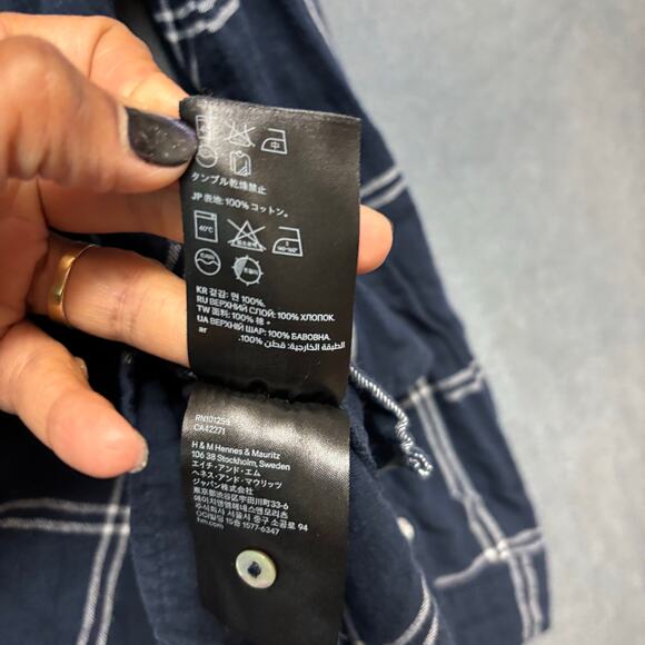 H&M Navy Plaid Button Down Casual Shirt Women’s Size 2 Cotton Rockabilly Country - Picture 5 of 8